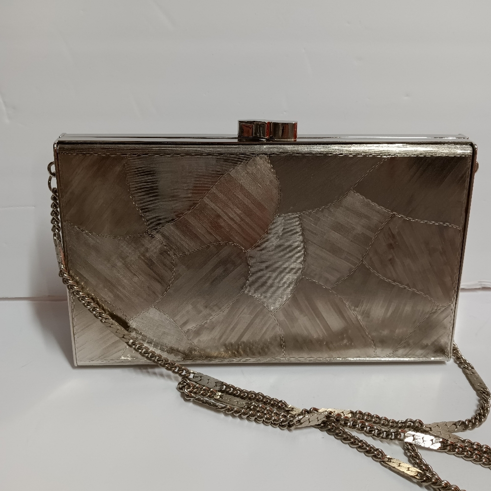 Nordstrom Italian Brushed Metal Patchwork Clutch / Shoulder Bag Chain Strap